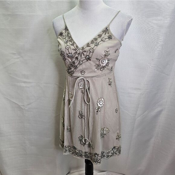 Altar'd State Champagne Beaded Sparkle Faux Wrap Mini Dress Size Small - Picture 3 of 12